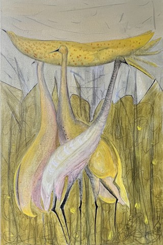 Cranes, vessel, spring, yellow, gray, sacred water
