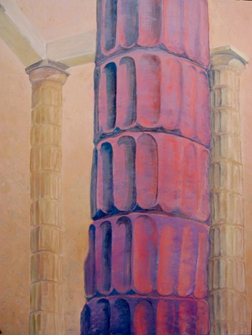 Tilting fluted column ancient architecture, rosy beige and pink.