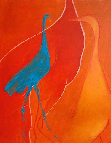 blue orange birds line flat painting