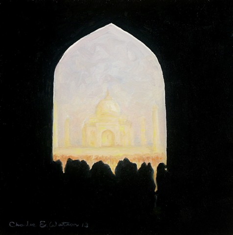 High contrast, small painting of the Taj Mahal from main entrance.
