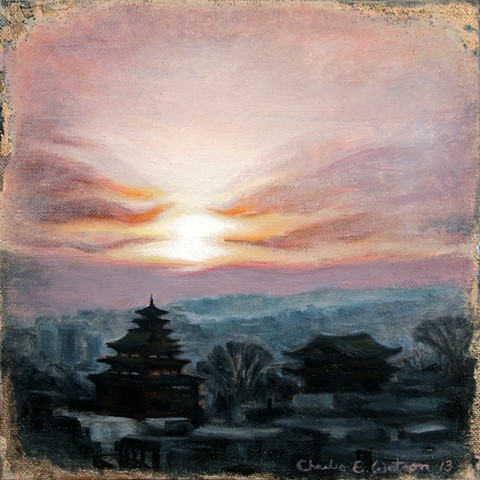 Painting of sunset, temples and city of Seoul, Korea in late December.