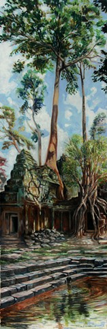 Painting of trees, temples, ruins, child from Angkor Wat near Siem Reap, Cambodia.