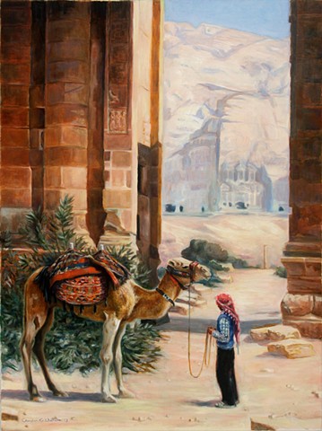 Painting of Bedouin, camel, temple ruins, architectural carvings from Petra, Jordan. 