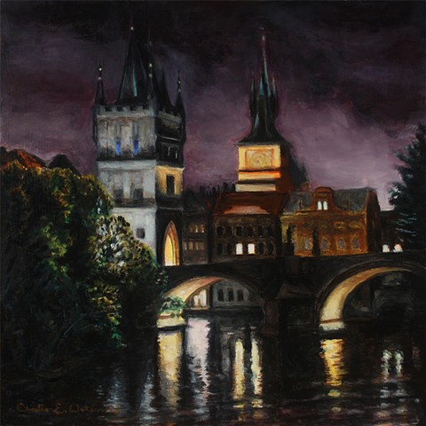 Prague painting of powder tower gate and part of Karol Bridge during foggy night.