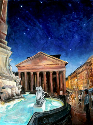 Painting of The Pantheon (Santa Maria Rotonda) showing part of Fontana del Pantheon. Rome, Pantheon, fountain at dusk.