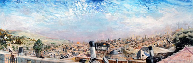 Painting of old town Jerusalem, The Holy City from the old city walls.