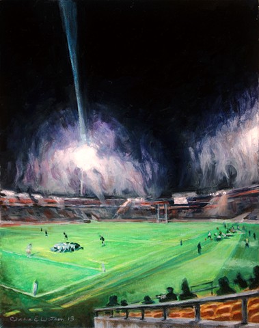 Painting of Quad Nations rugby match between New Zealand All Blacks and Argentina Pumas, Wellington.