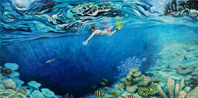 Painting of snorkeling the Maldives off Bandos Island, with black tip shark, coral, feeding frenzy, and atolls.