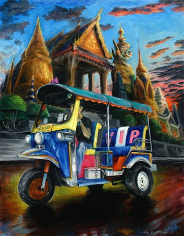 Bangkok painting of tuk tuk with temples.