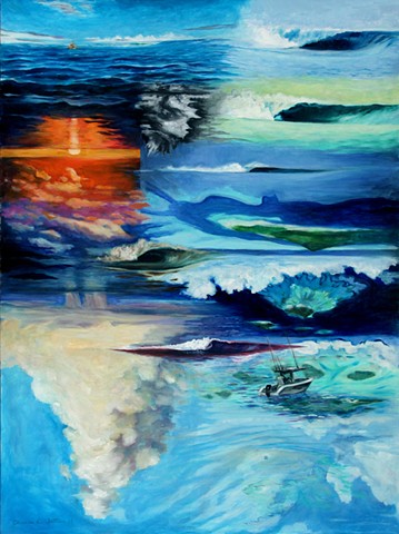 Painting of Cloudbreak, from Tavarua, Fiji- forms of the wave, popular surfing spot in South Pacific 