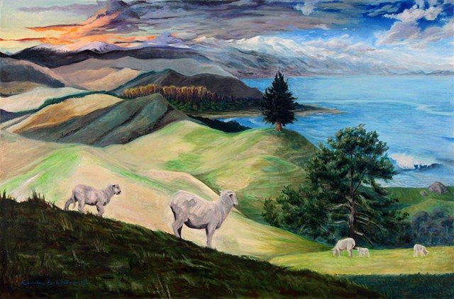 Landscape painting depicting South Island New Zealand views, scenery and colors.