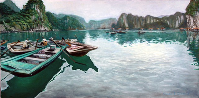 Painting of Vietnamese people from floating village at Halong Bay World Heritage Site.