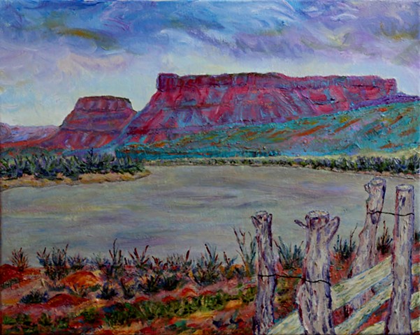 acrylic landscape painting by ann laase bailey of the rio chama river valley near ghost ranch in abiquiu, new mexico