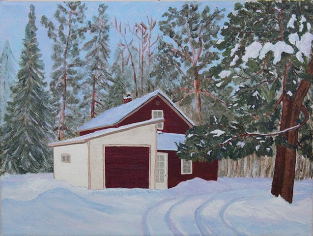 acrylic painting by ann laase bailey of the old farmhouse at bailey's farm in conover, wi in the winter snow 