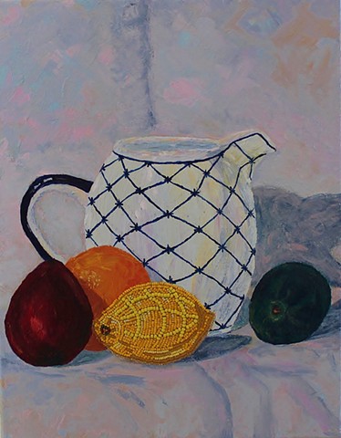 acrylic still-life painting by ann laase bailey with fruit including a lemon of seed beads stitched onto canvas