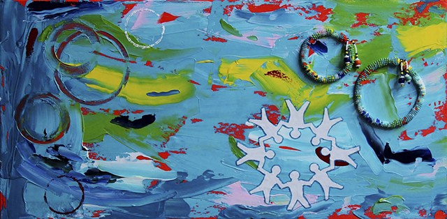 abstract acrylic mixed media painting by ann laase bailey primarily turquoise blue background with paper dolls and rings of seed beads stitched onto canvas