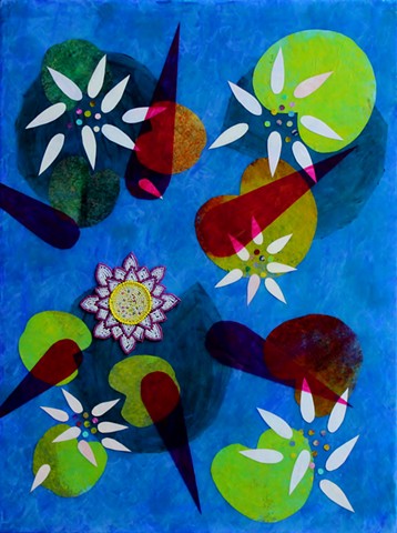 abstract acrylic mixed media painting of water lilies by ann laase bailey primarily cobalt and turquoise blue with with green and magenta highlights
