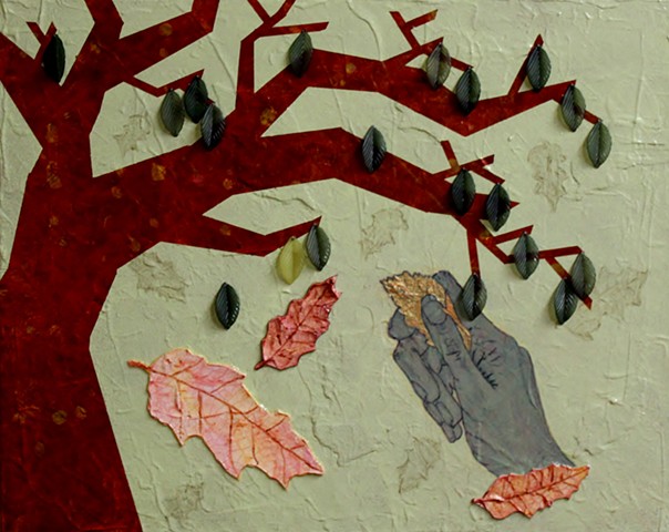 mixed media painting of leaves by ann laase bailey using acrylic, paper, cork, and beads stitched onto canvas