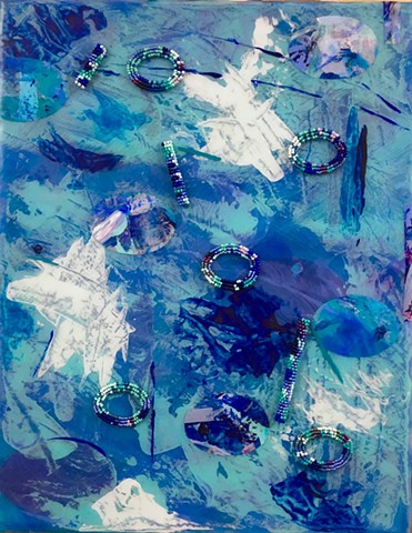 abstract acrylic mixed media painting by ann laase bailey primarily blue tones, with painted paper and stitched seed beads