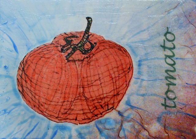acrylic mixed media painting by ann laase bailey of a tomato