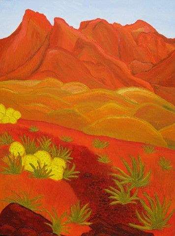 acrylic utah lanscape painting by ann laase bailey of red mountains and the desert