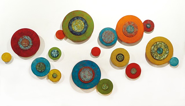 Abstract, circles, modern, contemporary, sculpture, dimensional, colorful wall sculpture art