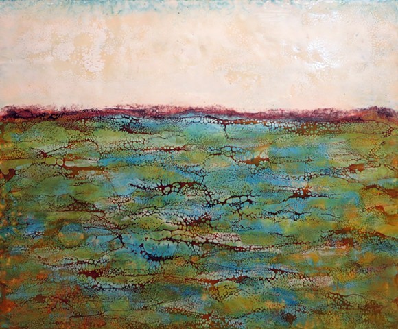 Blues, greens and golds highlight this abstracted encaustic landscape for sale