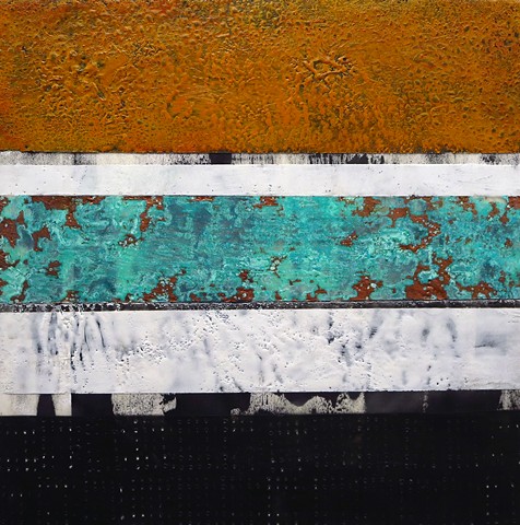 Encaustic art, abstract art, patina, copper painting on wood panel