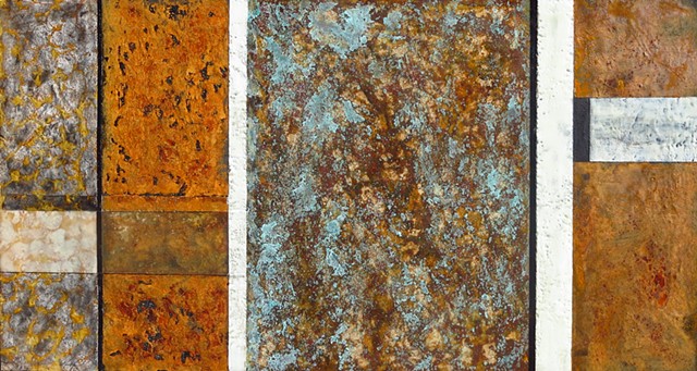 Fine art encaustic abstract contemporary painting on wood rust surface