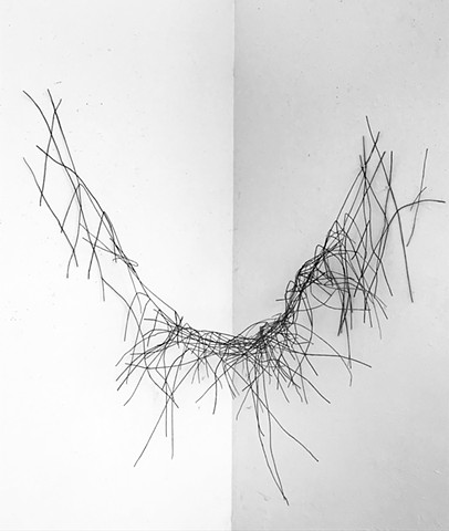 Black Encaustic beeswax dipped string wal sculpture drawing