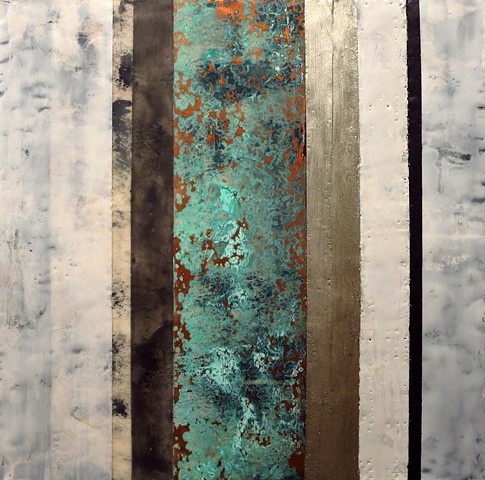 Abstract, contemporary, encaustic painting on wood