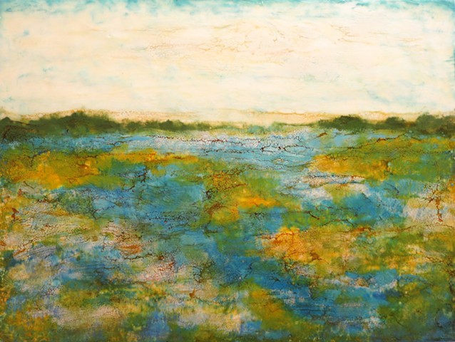 Encaustic landscape contemporary blue yellow green on wood panel