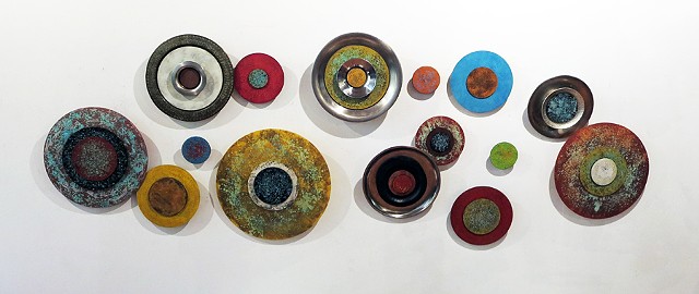 Found objects platters circles metallic paints acrylic elevated sculpture wall art