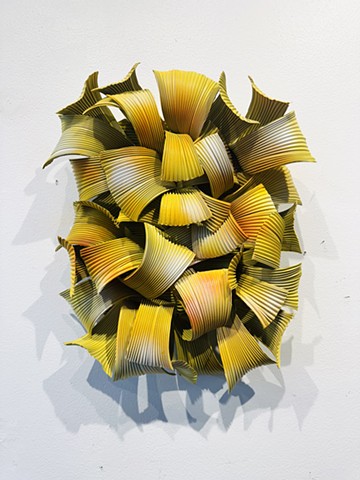 Sunny yellow wall sculpture mixed-media metal aluminum contemporary decor gold shadows