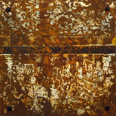 Abstract original encaustic and rust painting on acrylic panel