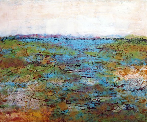 Landscape painting with jewel tones abstracted Encaustic fine art