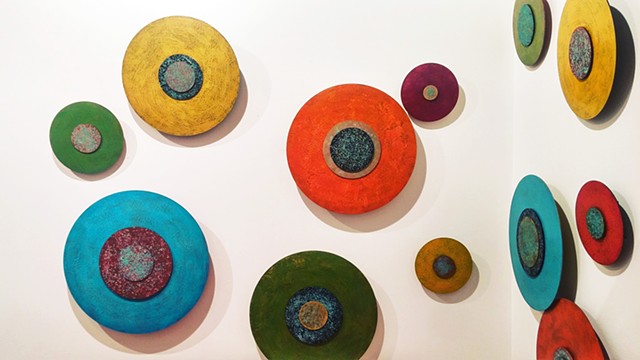 Art installation abstract disks encaustic dimensional sculptural
