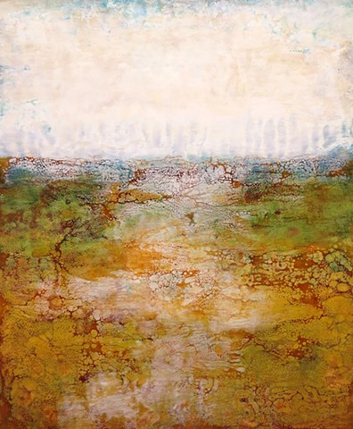 Encaustic landscape abstracted in ochre and greens