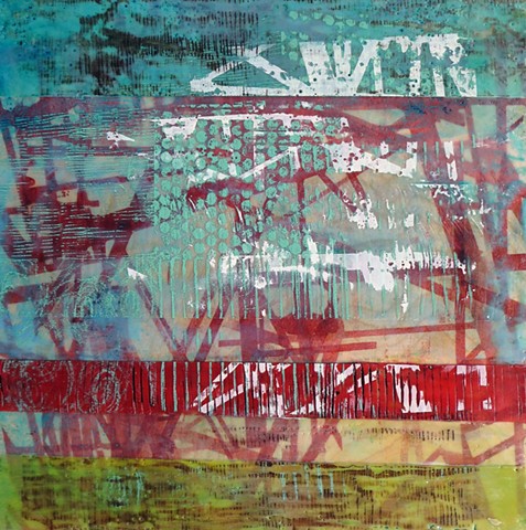 Abtract art Encaustic painting and screen printing on wood panel for sale