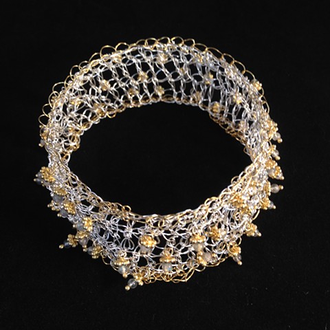 Hand Crocheted Cuff with Dangling Embellishments