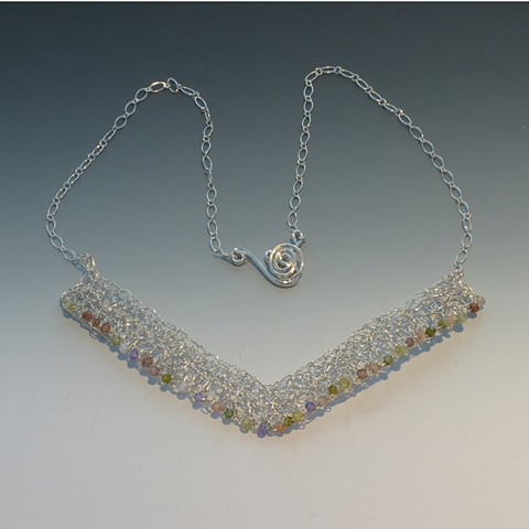 Multi-Zirconia, Silver Crocheted Necklace