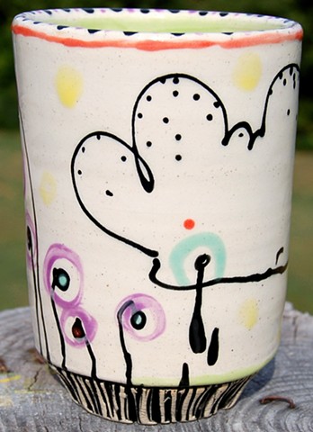 clay, ceramics, cup, wheel thrown, creatures, hand made, hand carved, hand drawn