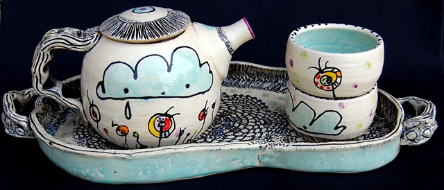 clay, ceramics, cup, tea pot, tea set, tray, wheel thrown, creatures, hand made, hand carved, hand drawn