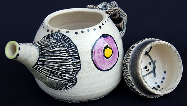 clay, ceramics, cup, teapot, lid, secret, wheel thrown, creatures, hand made, hand carved, hand drawn