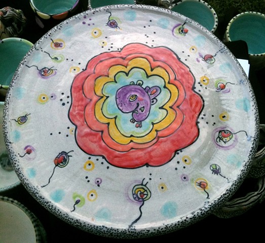 clay, ceramics, cake stand, wheel thrown, creatures, hand made, hand carved, hand drawn