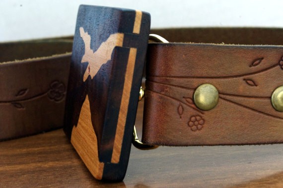 Wood Belt Buckle Made with Recycled Wood and Copper tubing. Bird Inlay