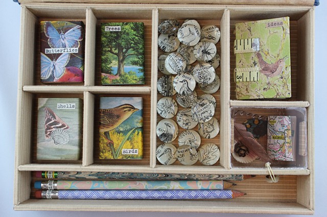 Artwork by Lesley Patterson-Marx, miniature books and more within a box made from an old book