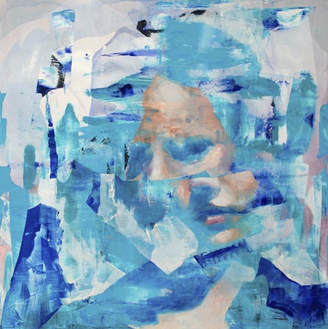 blue painting, faces, deconstruction