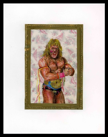 A depiction of the WWF wrestler Ultimate Warrior with antique wrapping paper, vellum, and cold-pressed paper
