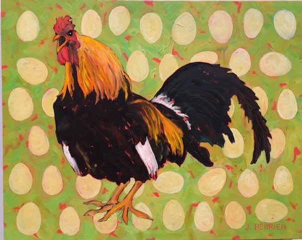 Big, alpha rooster surrounded by eggs, animal art, vegan art, farm animals, animal rights